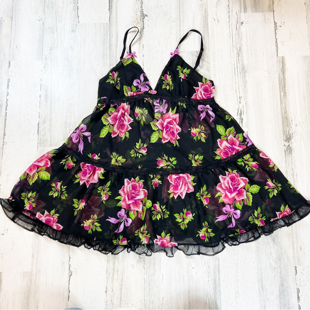 Betsey Johnson Chiffon Babydoll Nighty Black With Pink Floral Size Medium